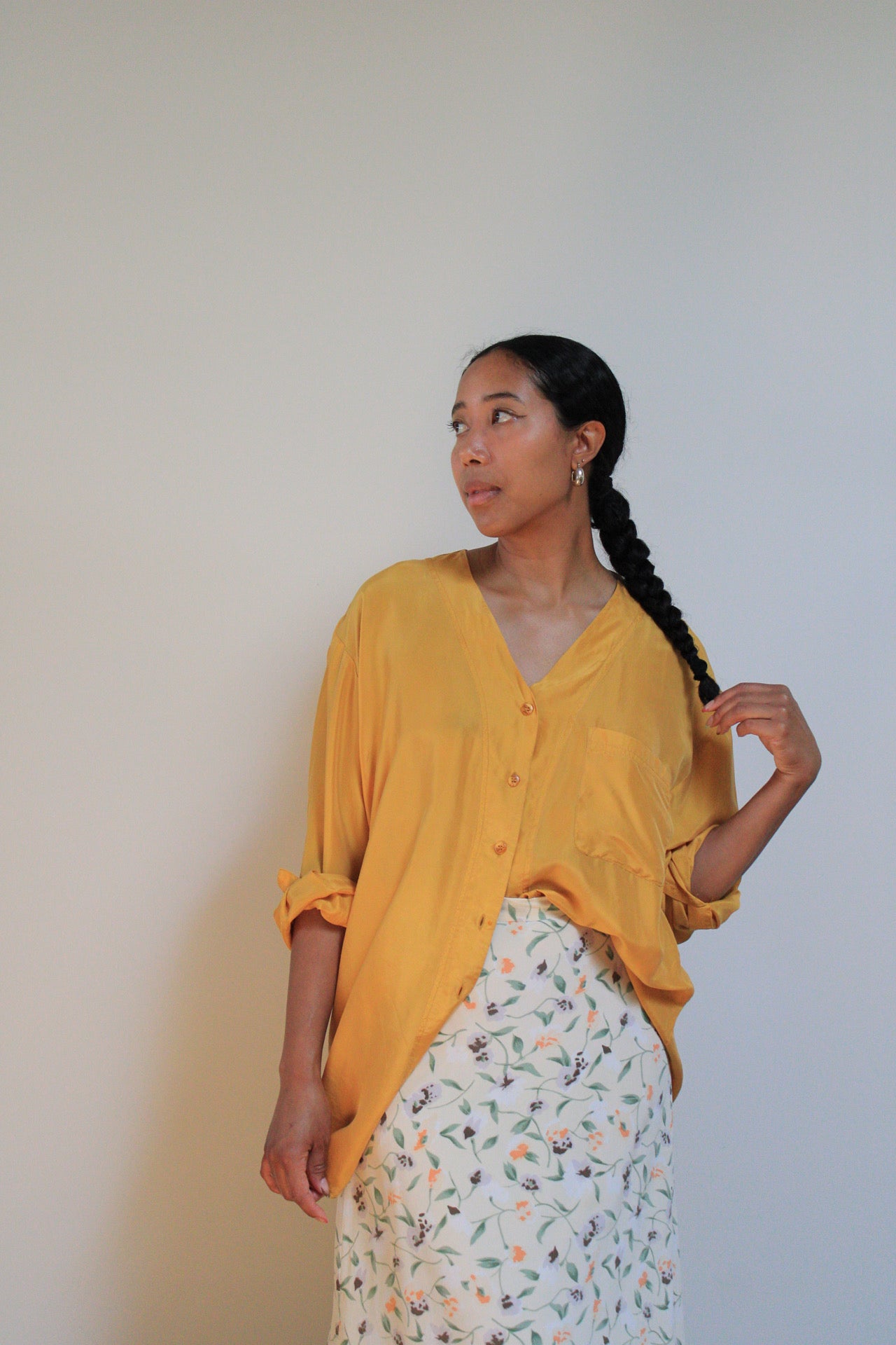 Golden Silk Collarless Button Down Blouse