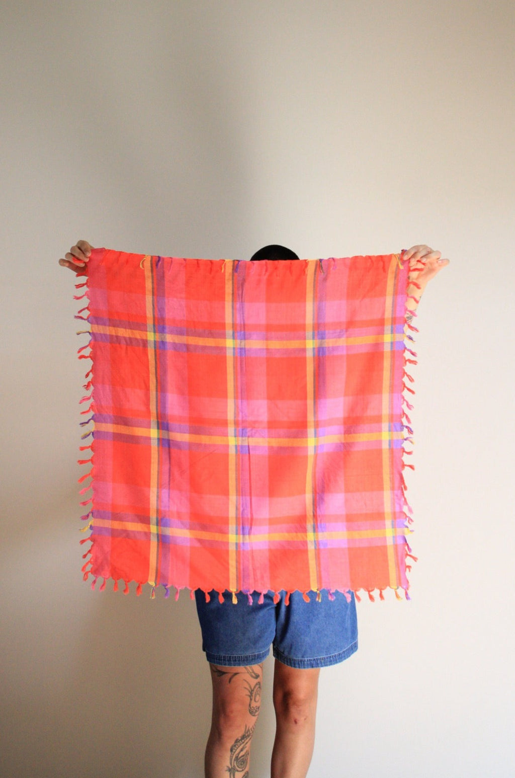 Bright Plaid Tassel Square Scarf