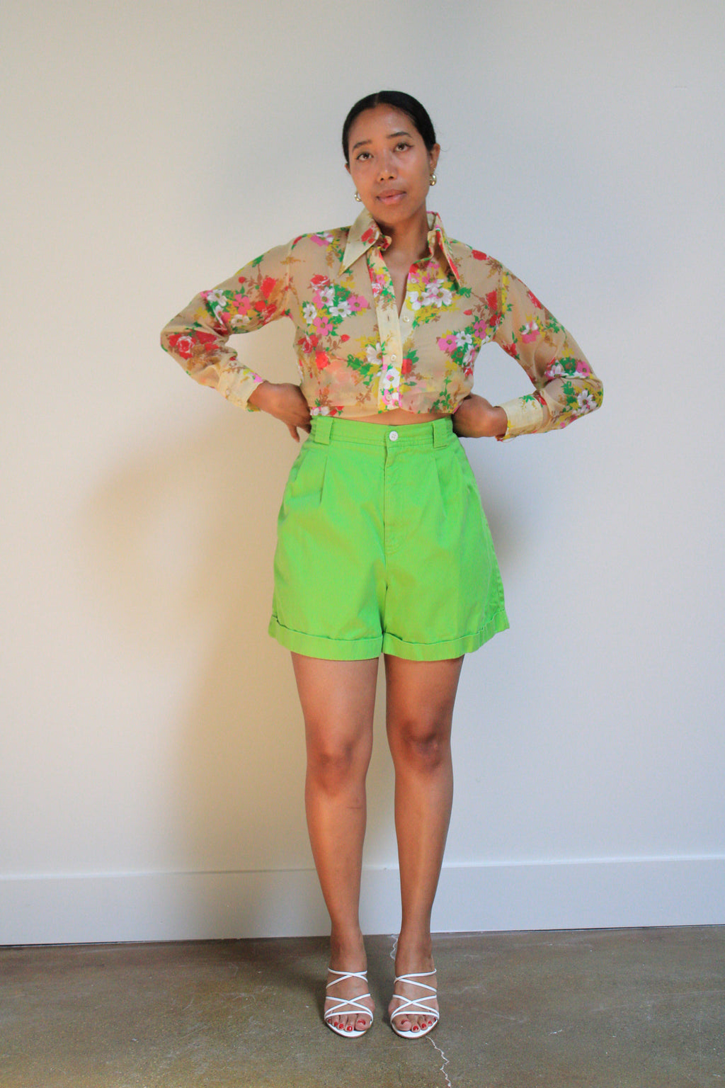 Lime Cotton High Rise Pleated Denim Shorts