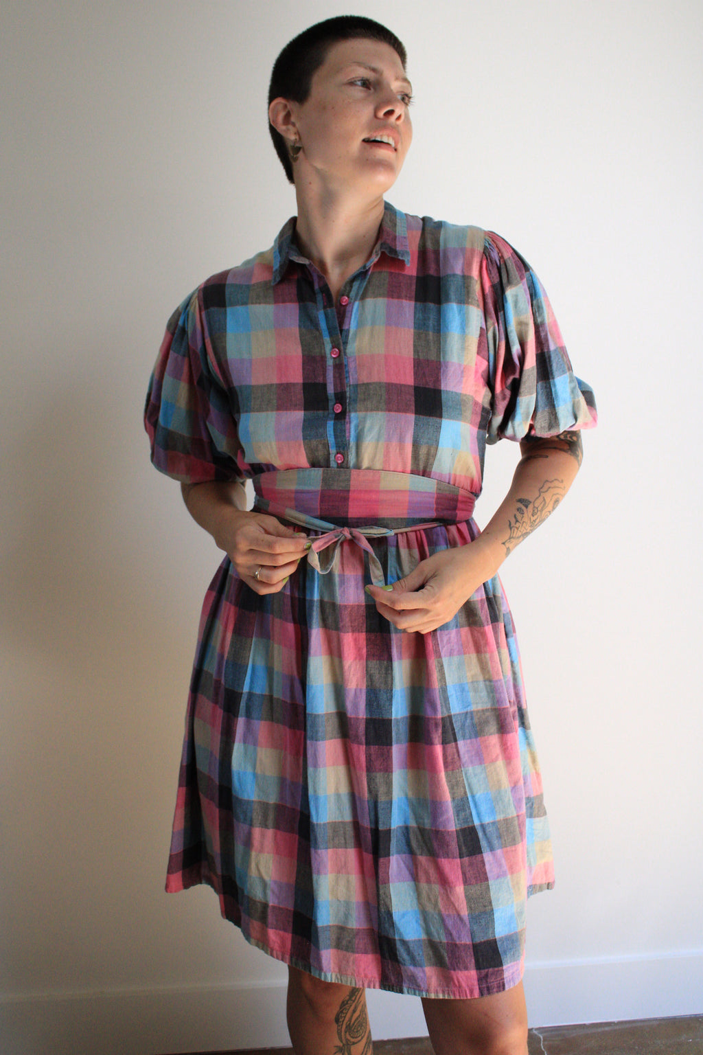 Plaid Puff Sleeve Midi Dress