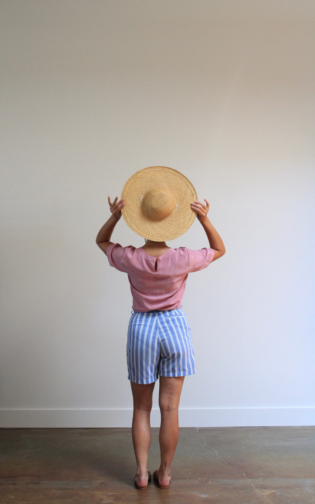 Blue & White Striped Denim Pleated Shorts