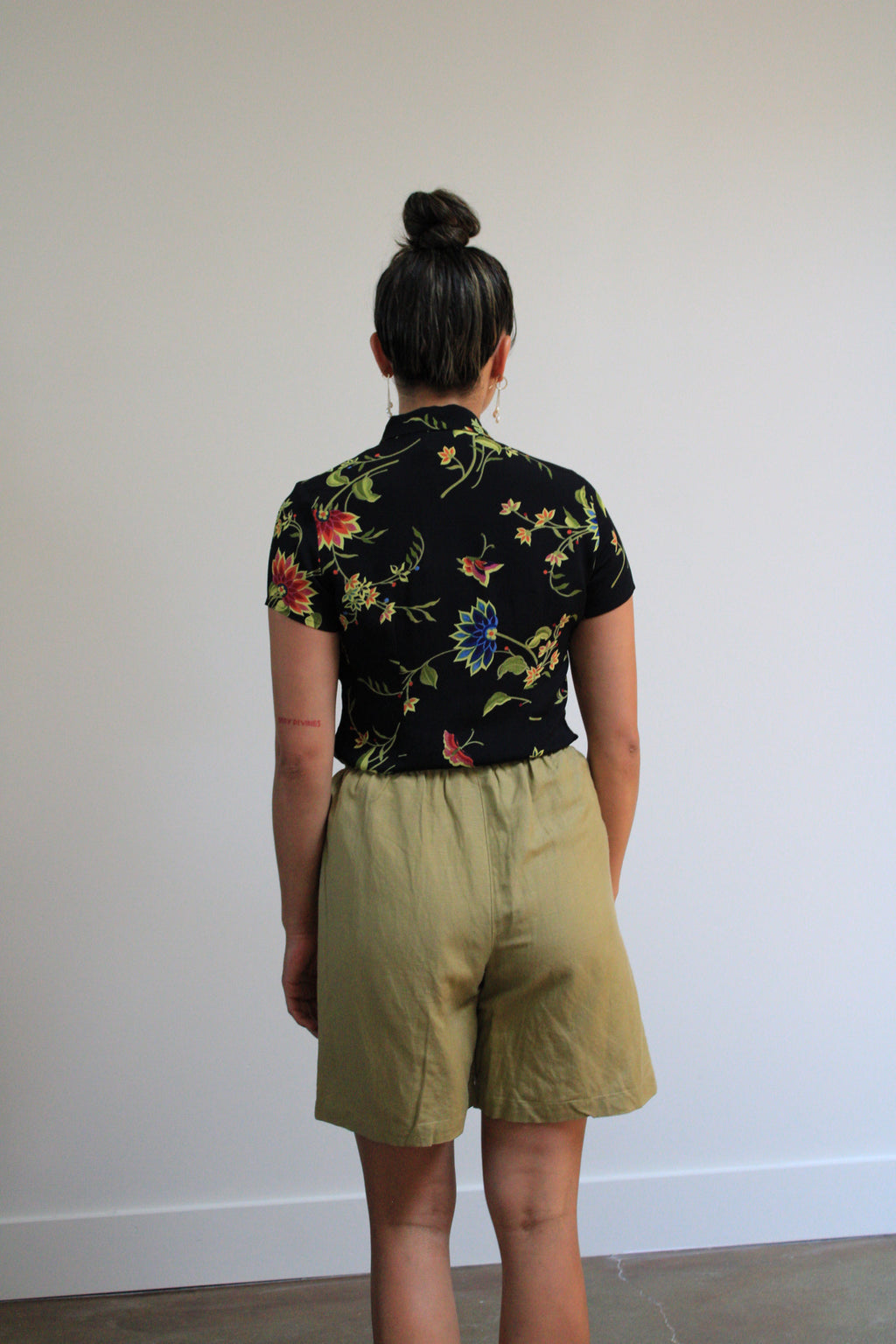 Black Floral Rayon Button Down Top