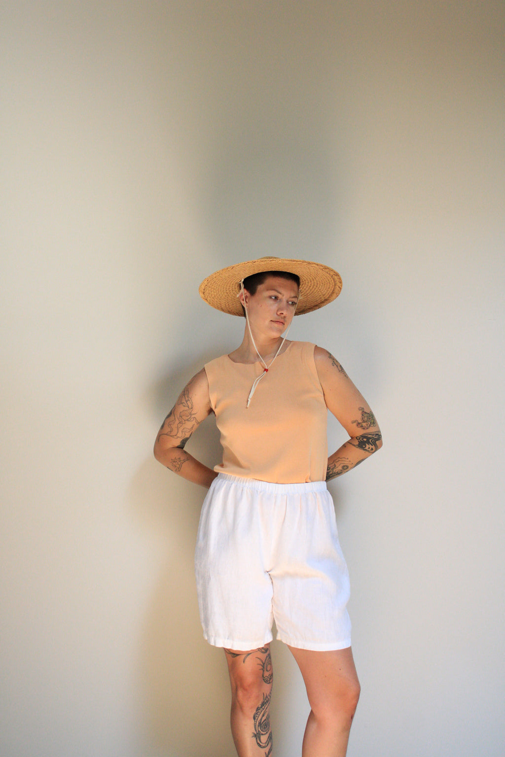 White Linen Elastic Shorts