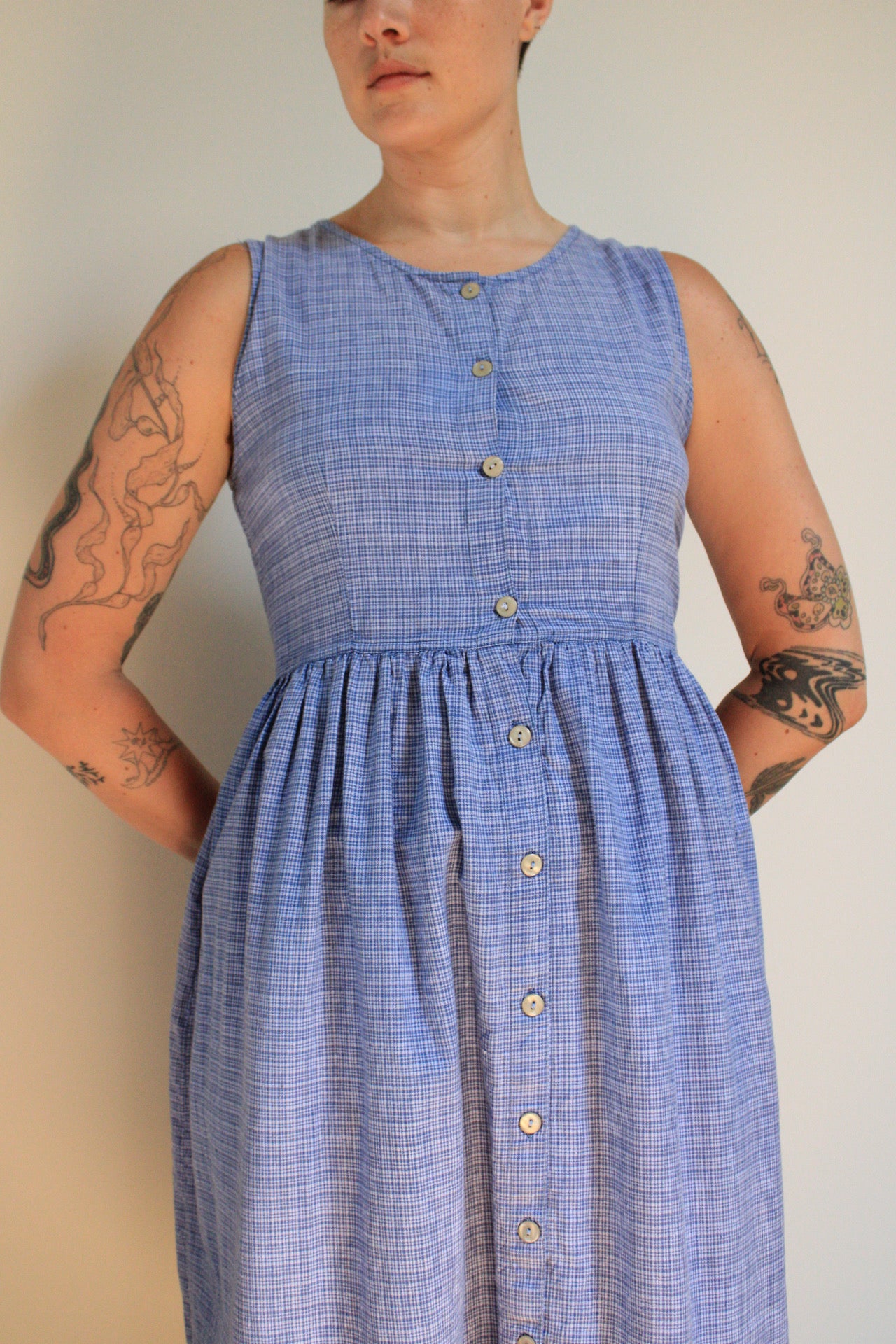 Checked Button Front Cotton Dress
