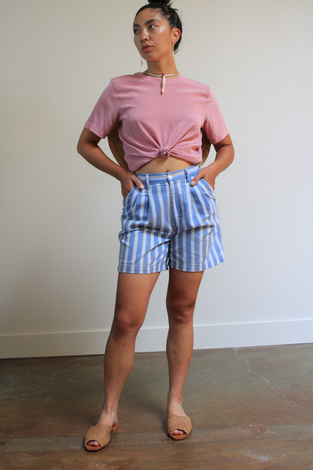 Blue & White Striped Denim Pleated Shorts