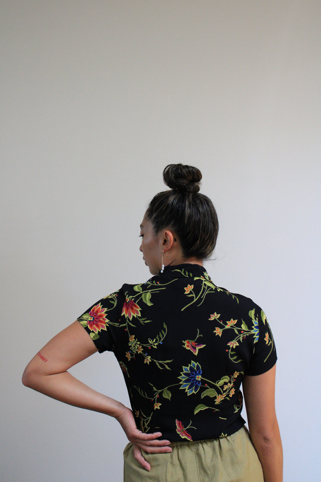 Black Floral Rayon Button Down Top
