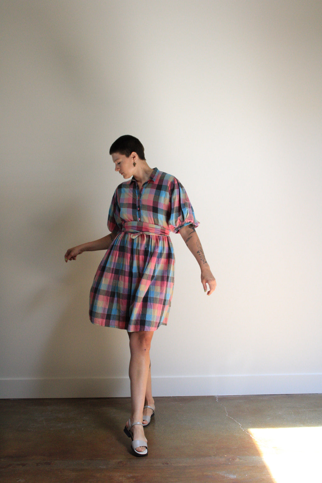 Plaid Puff Sleeve Midi Dress