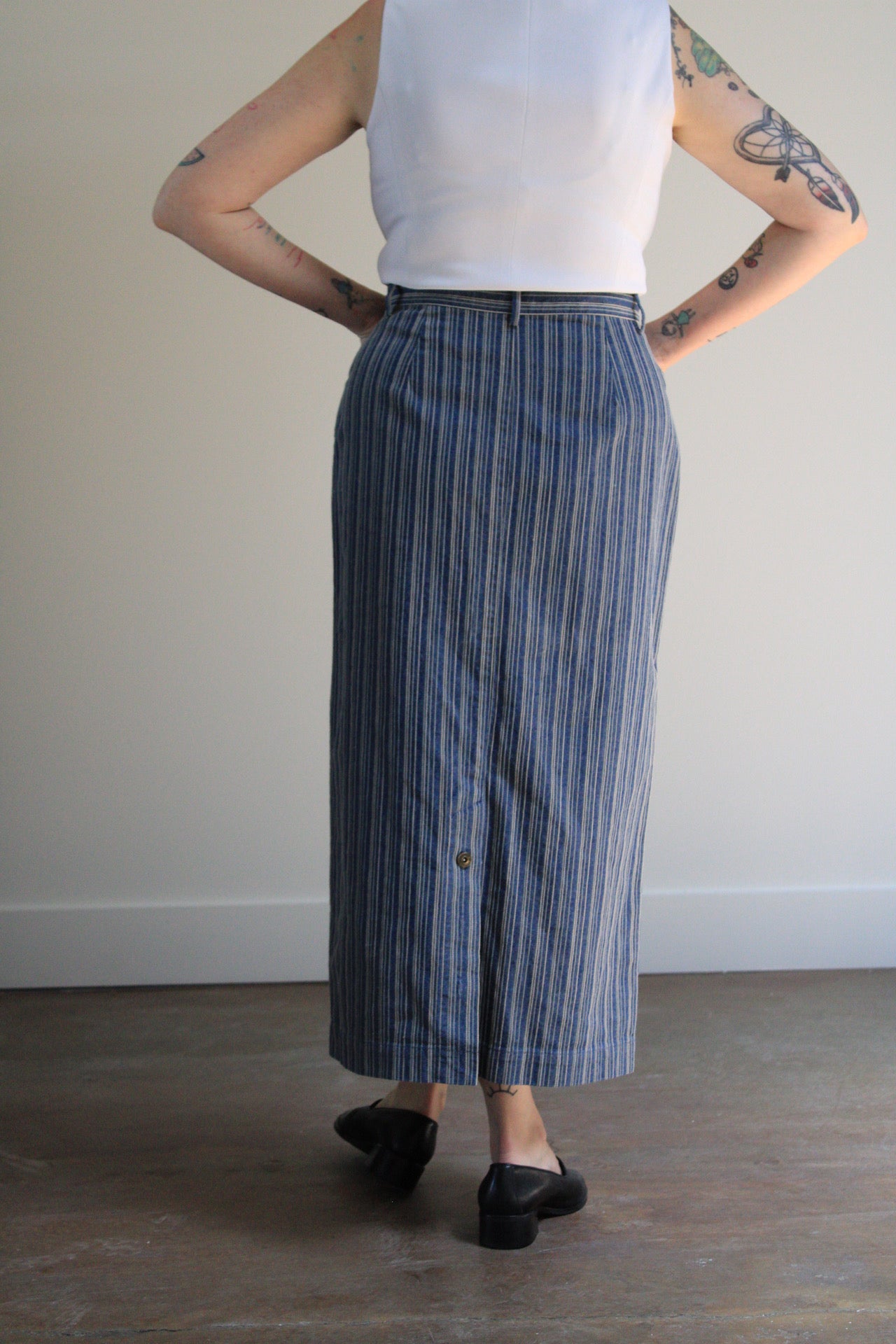 Embroidered Pinstripe Denim Midi Skirt