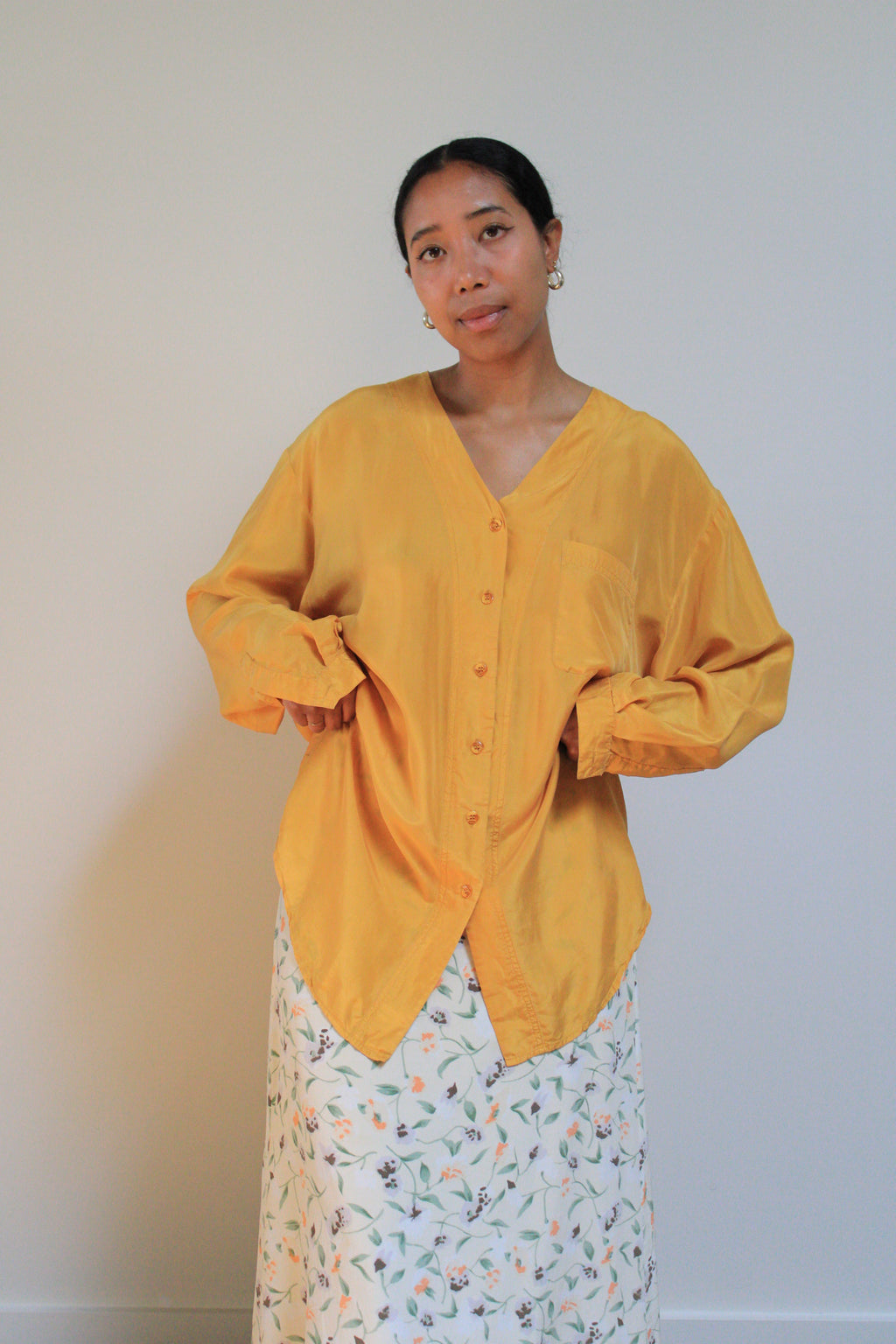 Golden Silk Collarless Button Down Blouse