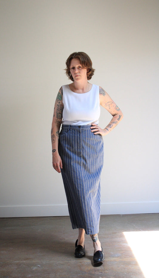 Embroidered Pinstripe Denim Midi Skirt