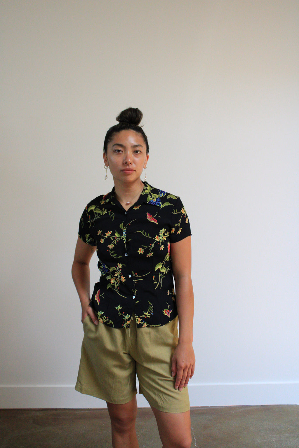 Black Floral Rayon Button Down Top