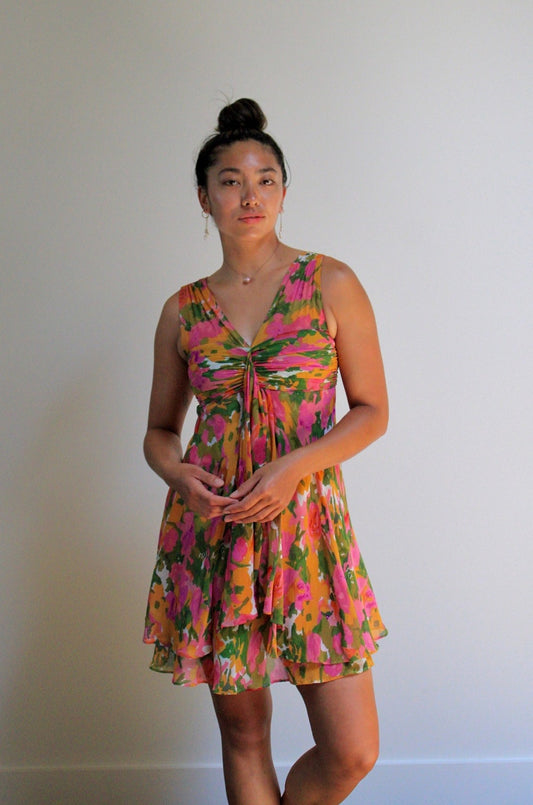 Watercolor Silk Chiffon Mini Dress