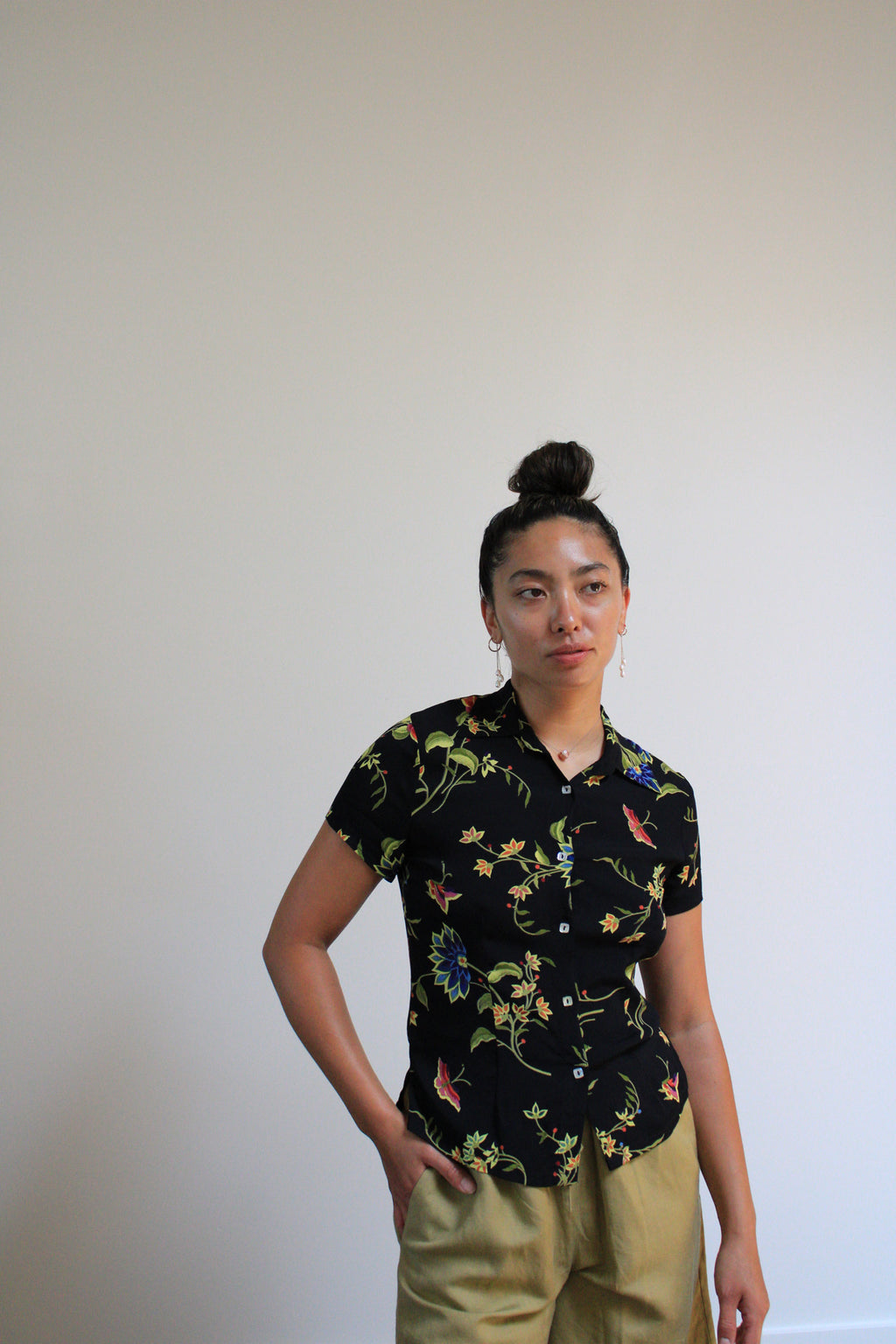 Black Floral Rayon Button Down Top