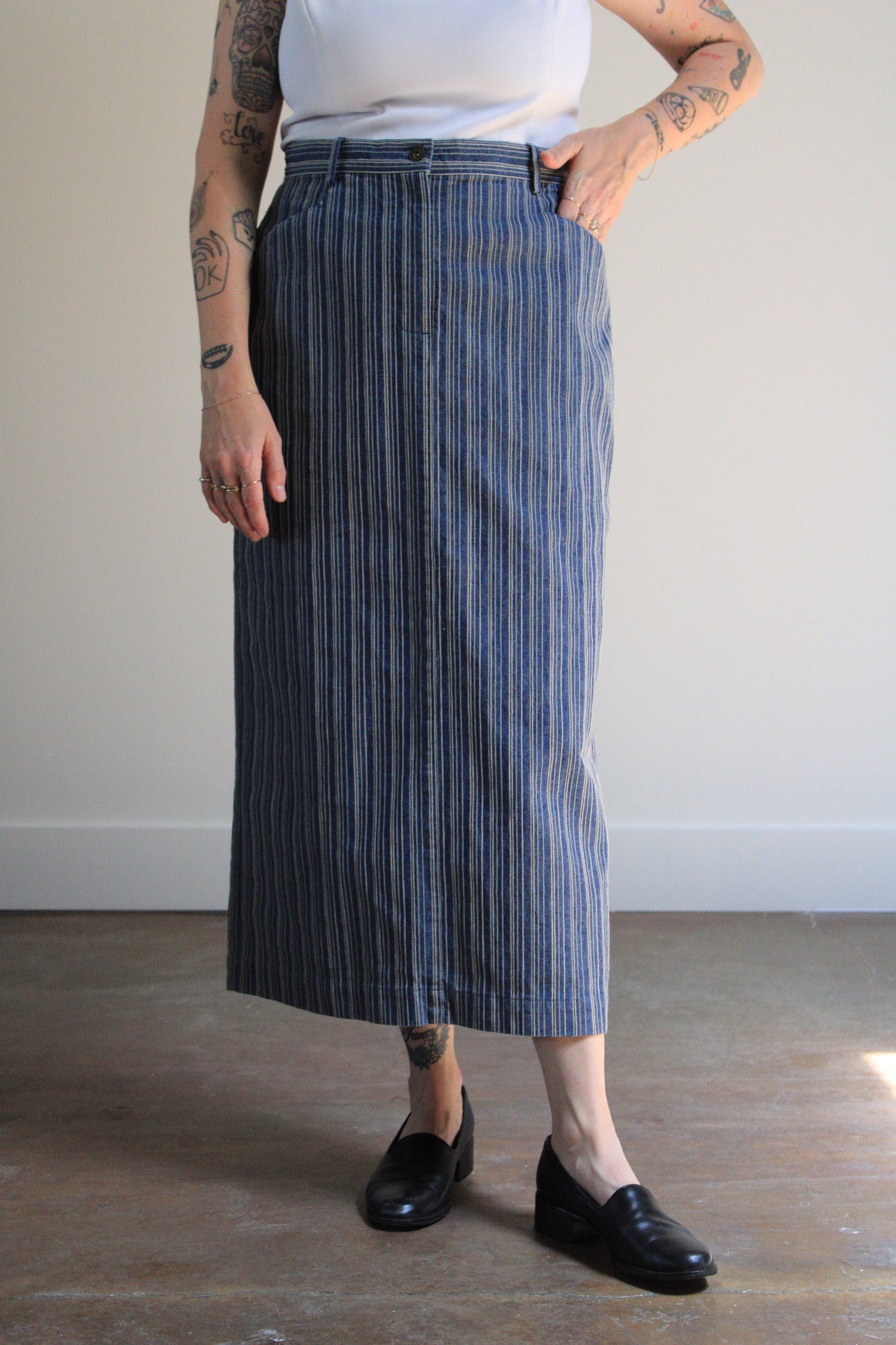 Embroidered Pinstripe Denim Midi Skirt