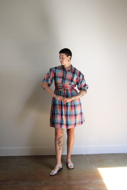 Plaid Puff Sleeve Midi Dress