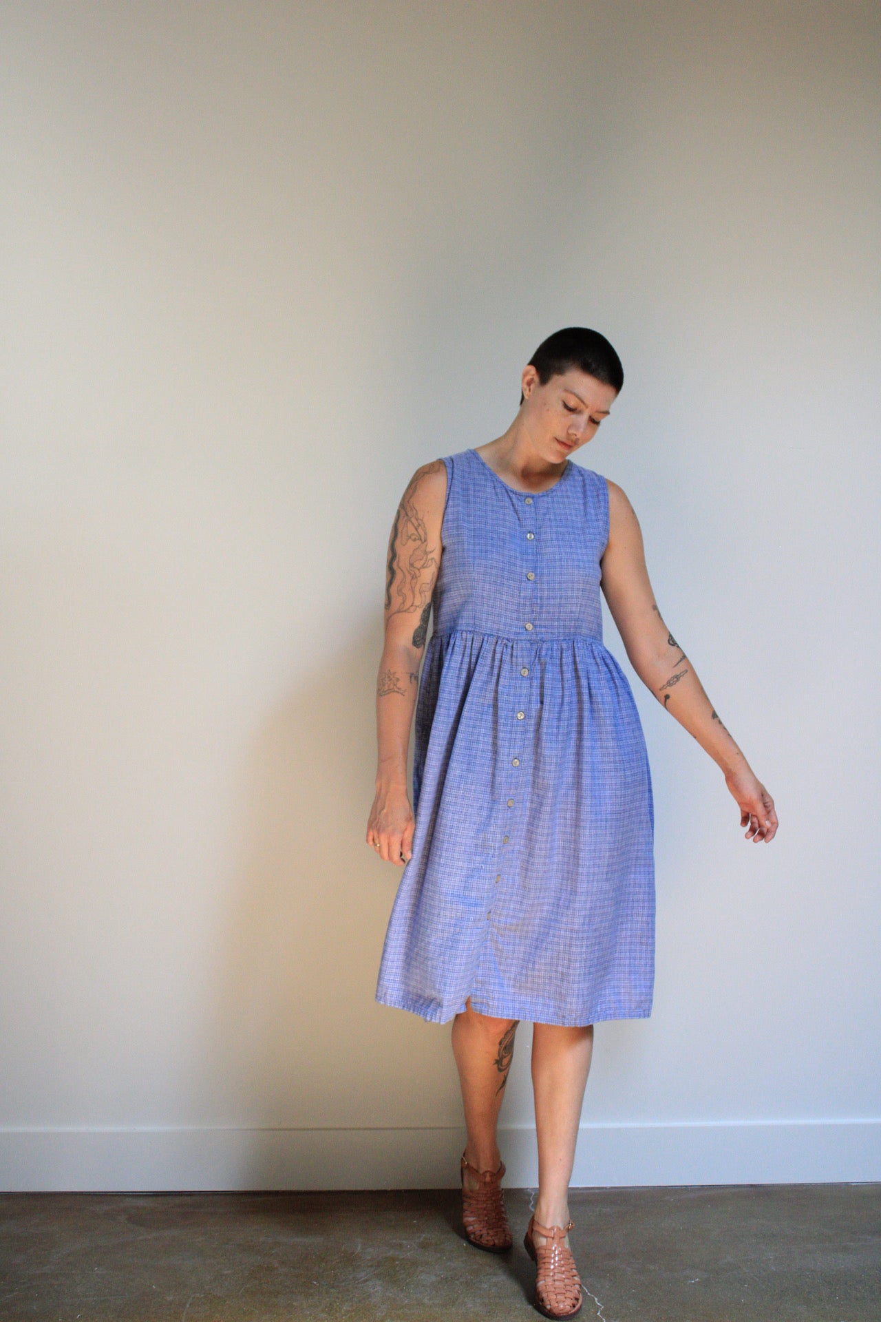 Checked Button Front Cotton Dress