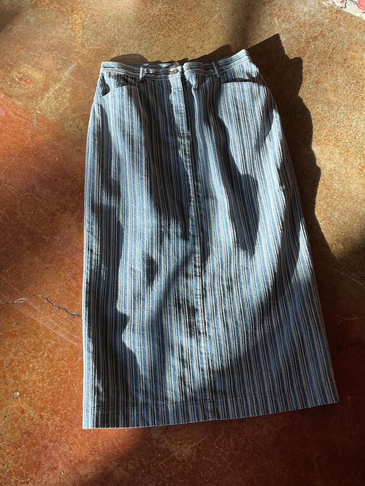 Embroidered Pinstripe Denim Midi Skirt