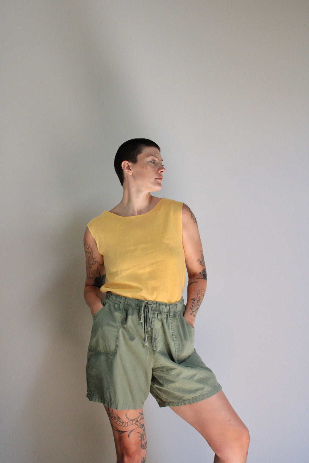 High Rise Olive Cotton Drawstring Shorts