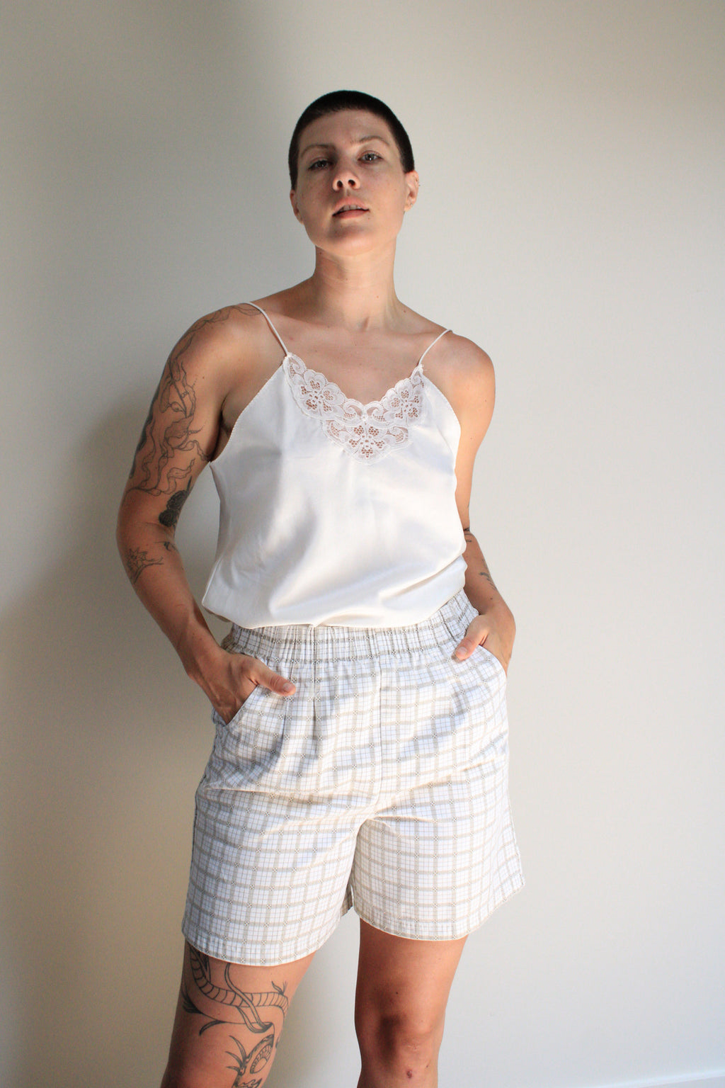 Neutral Windowpane Cotton Canvas Shorts