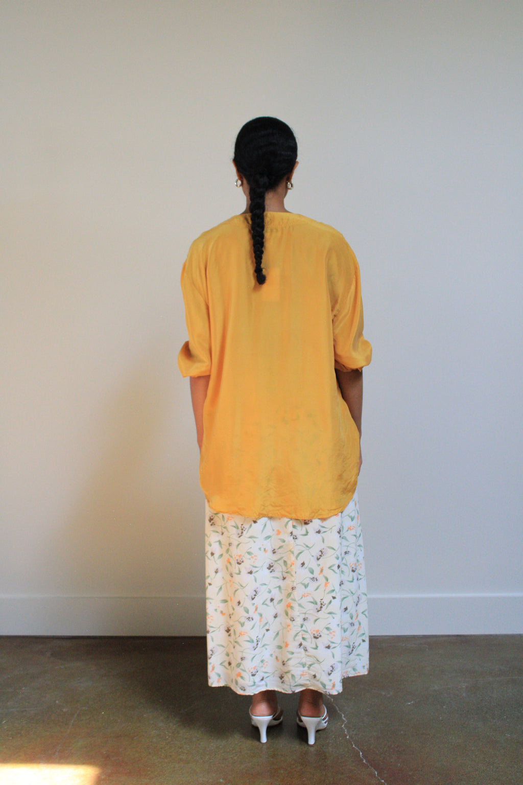 Golden Silk Collarless Button Down Blouse