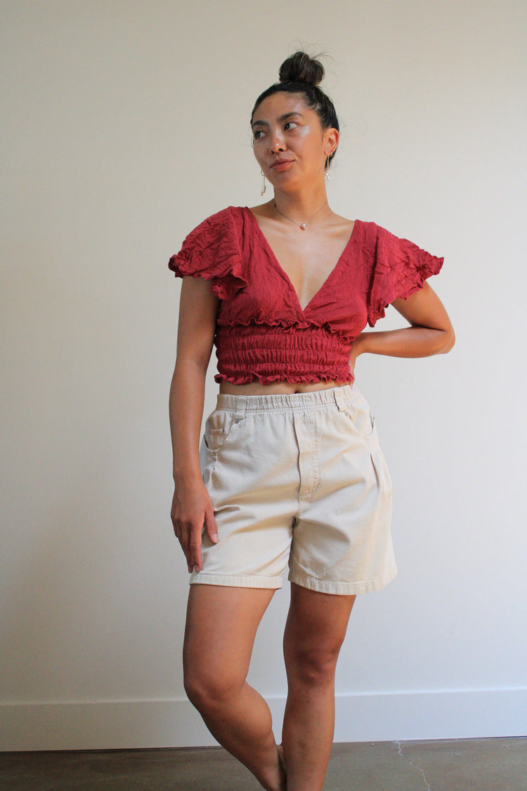 Tan Cotton Pleated Shorts