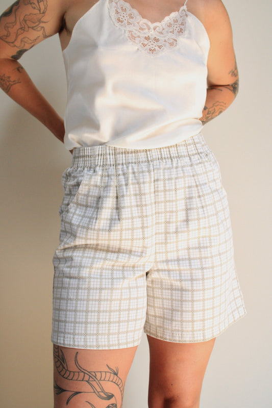 Neutral Windowpane Cotton Canvas Shorts