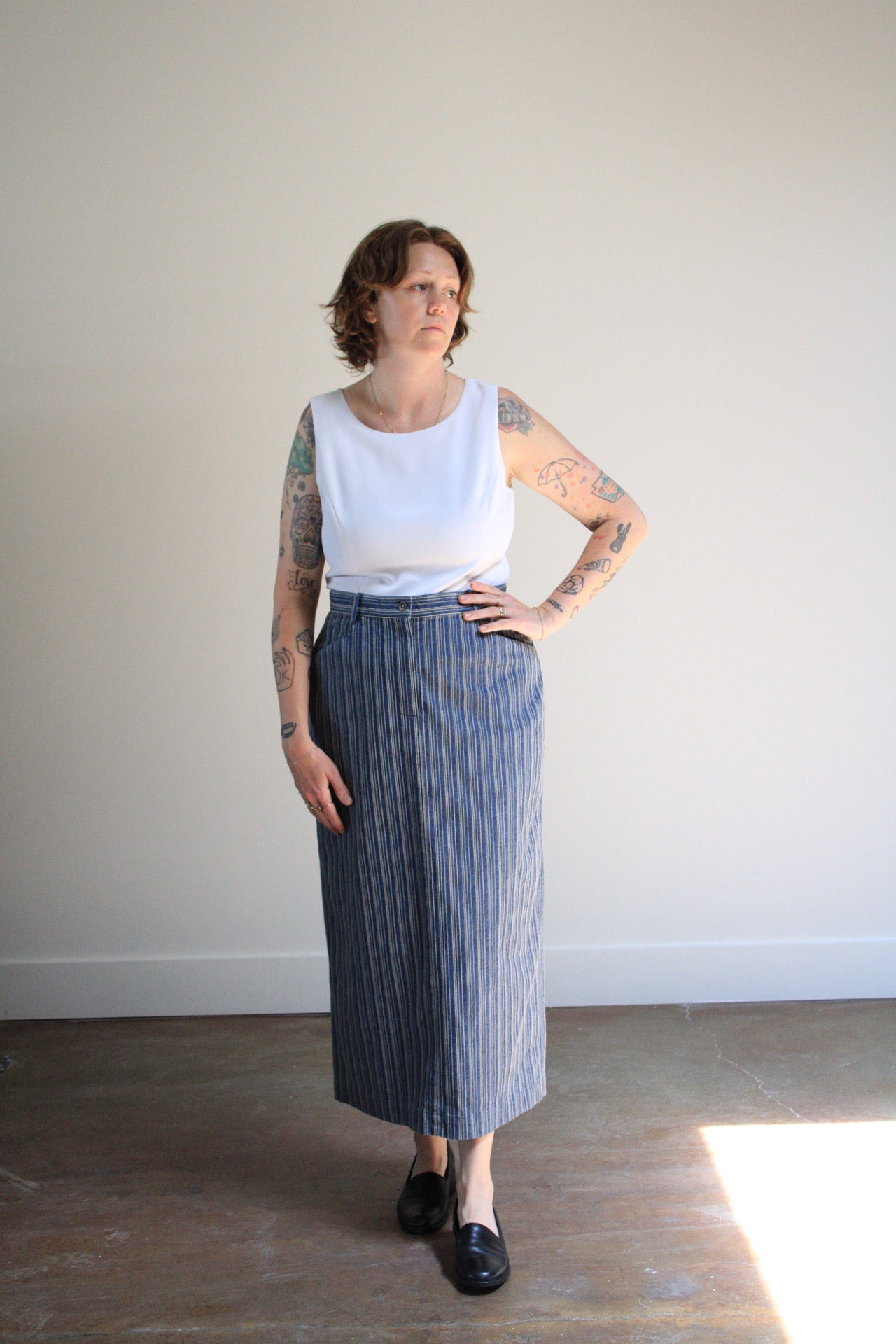 Embroidered Pinstripe Denim Midi Skirt