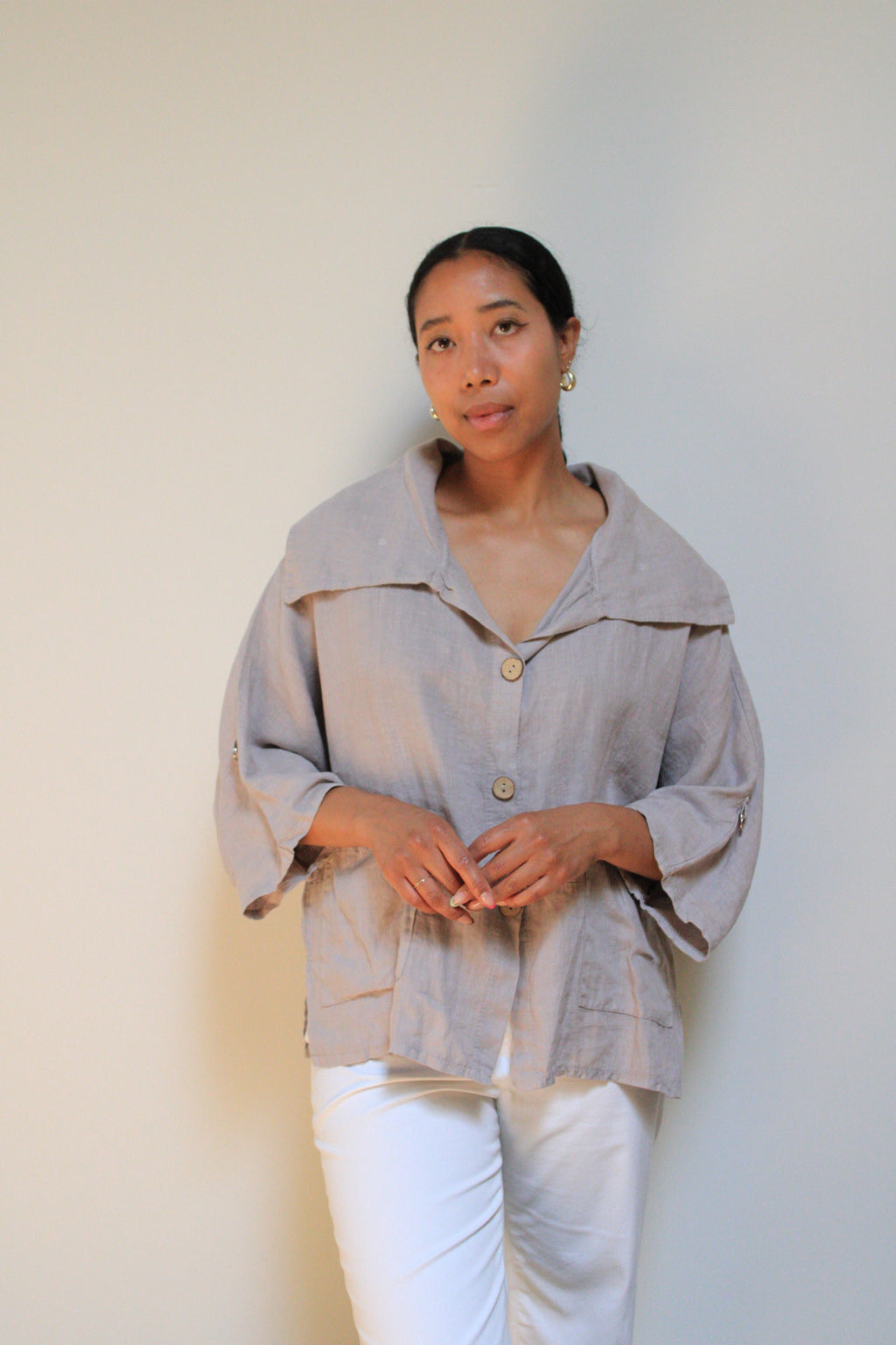 Linen Shawl Collar Chore Top