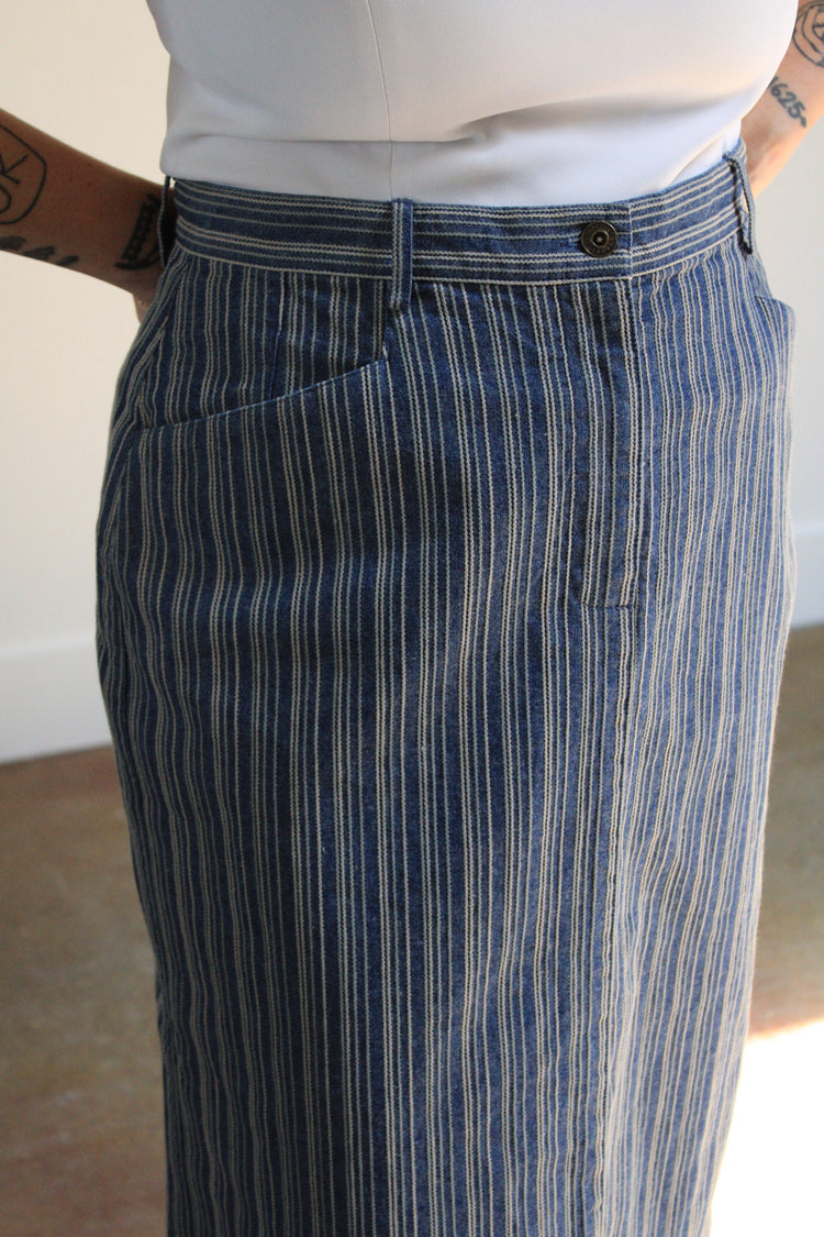 Embroidered Pinstripe Denim Midi Skirt