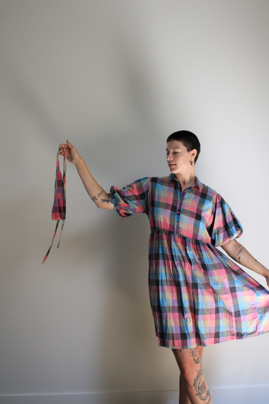 Plaid Puff Sleeve Midi Dress