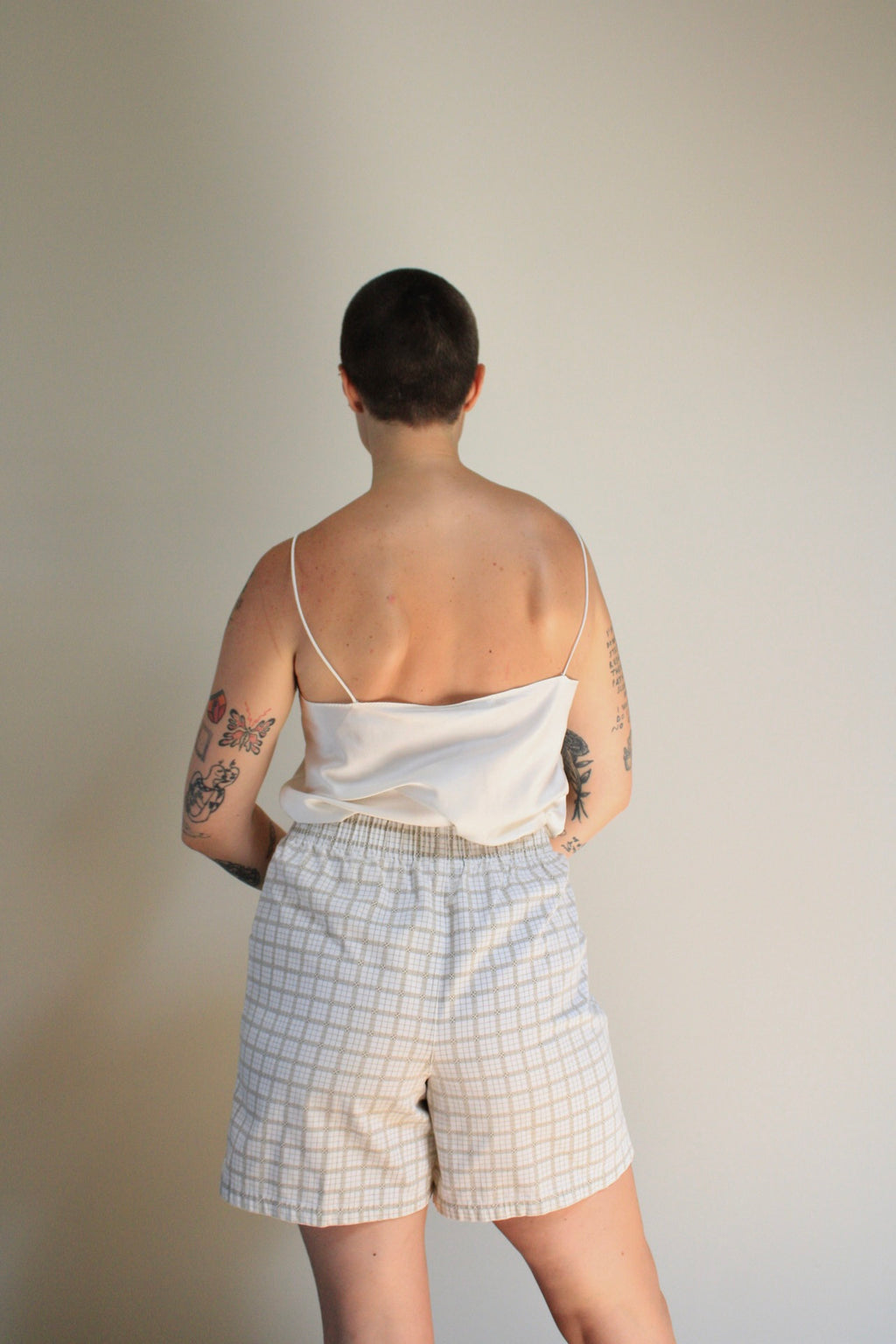 Neutral Windowpane Cotton Canvas Shorts