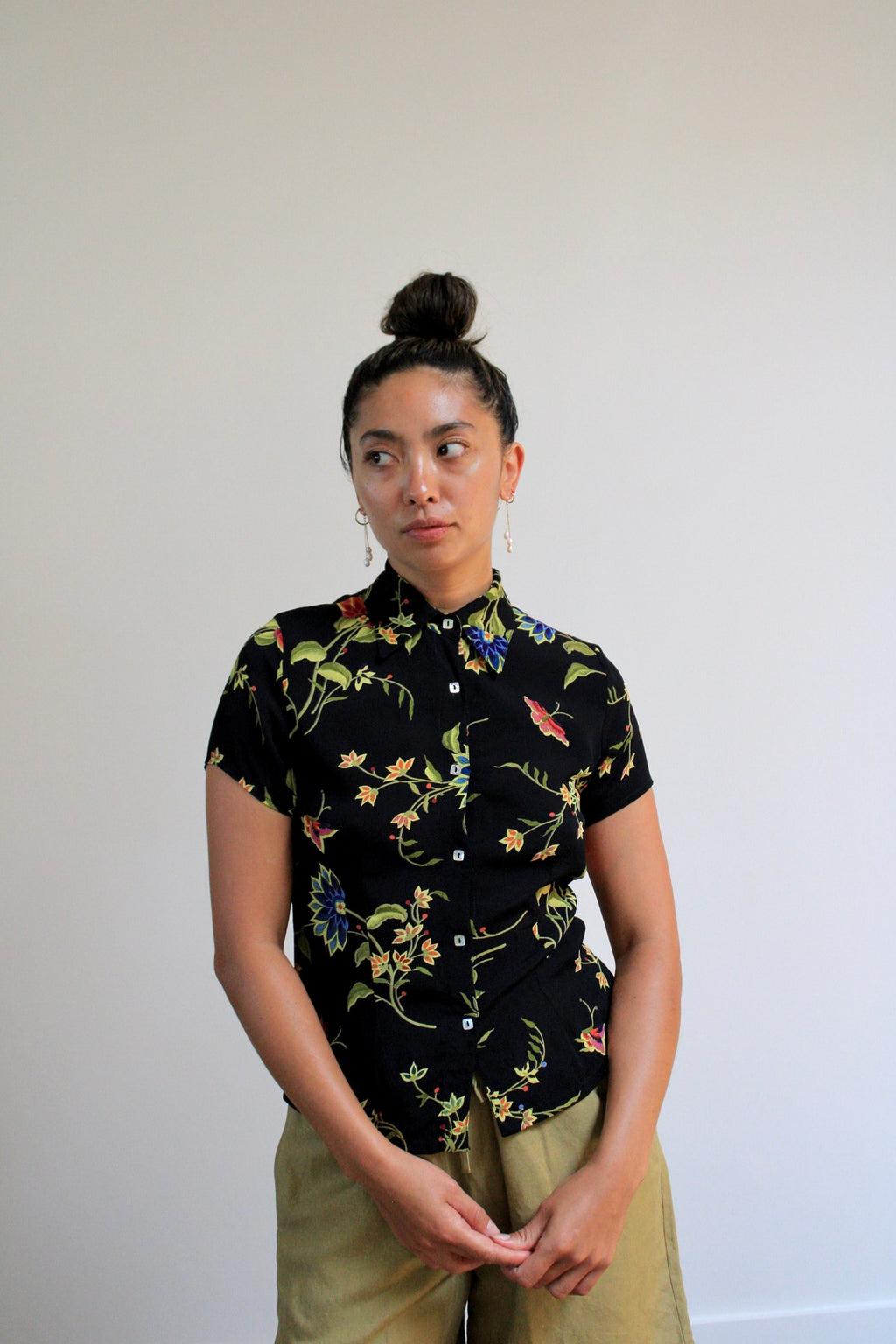 Black Floral Rayon Button Down Top