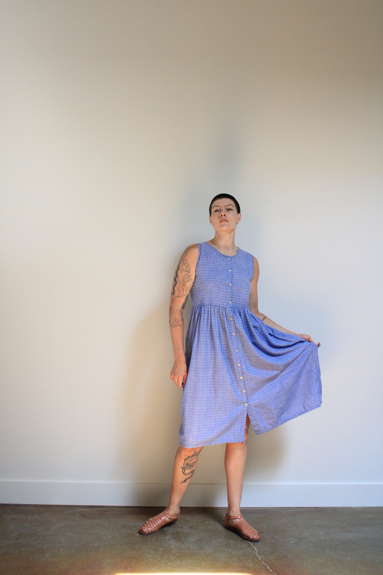 Checked Button Front Cotton Dress