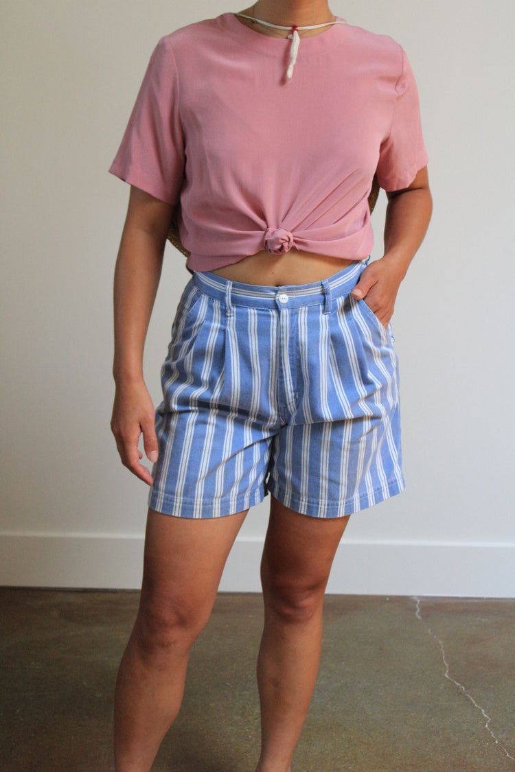 Blue & White Striped Denim Pleated Shorts