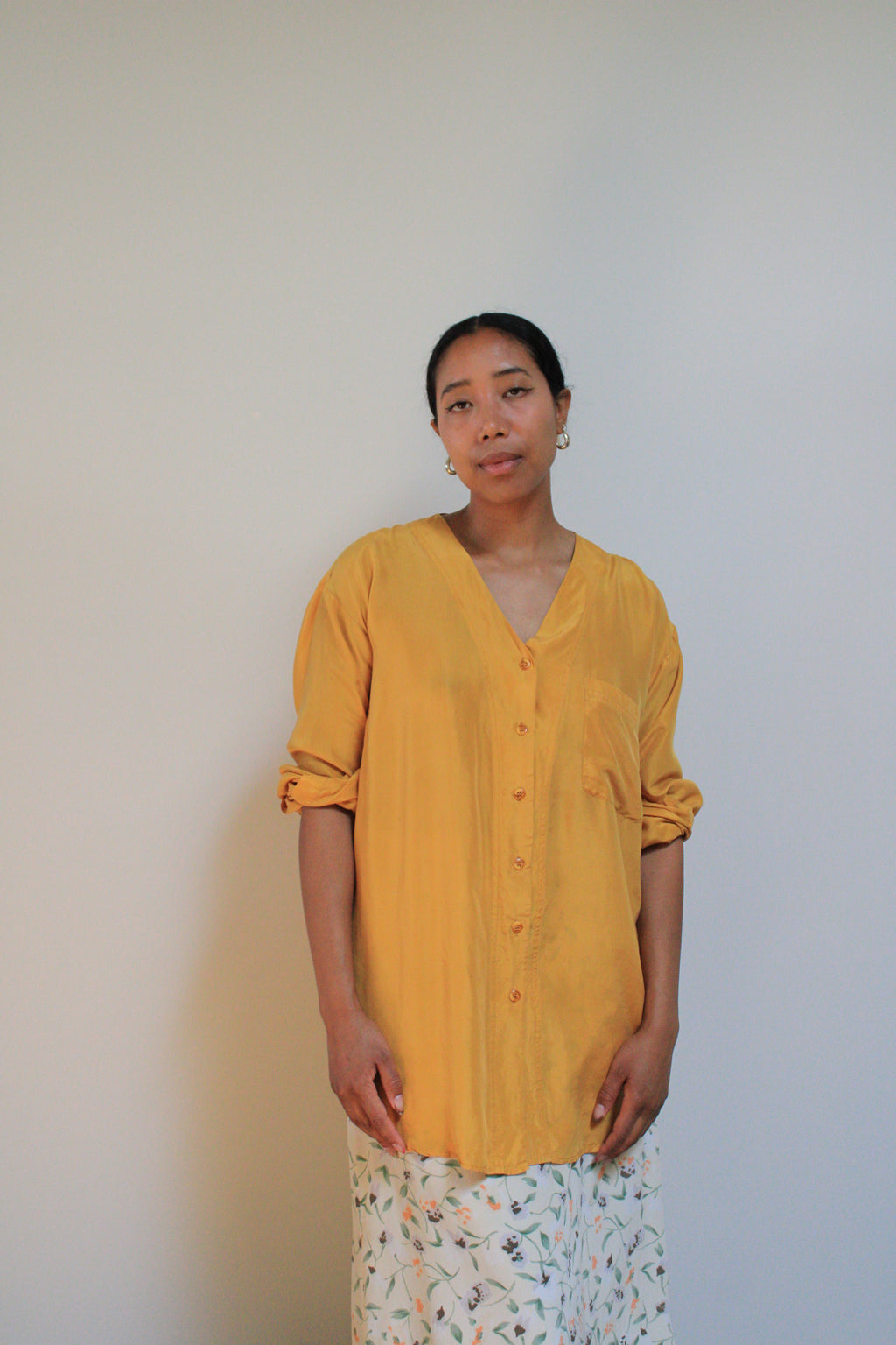 Golden Silk Collarless Button Down Blouse