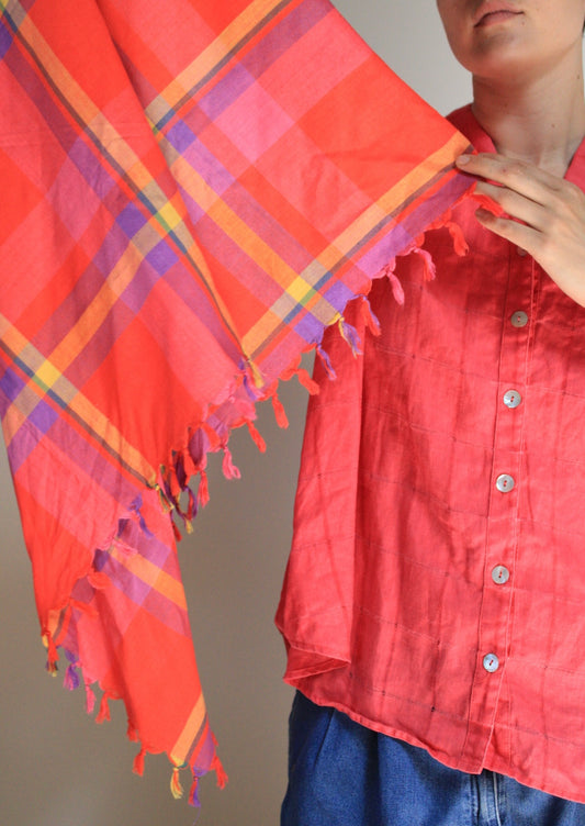 Bright Plaid Tassel Square Scarf