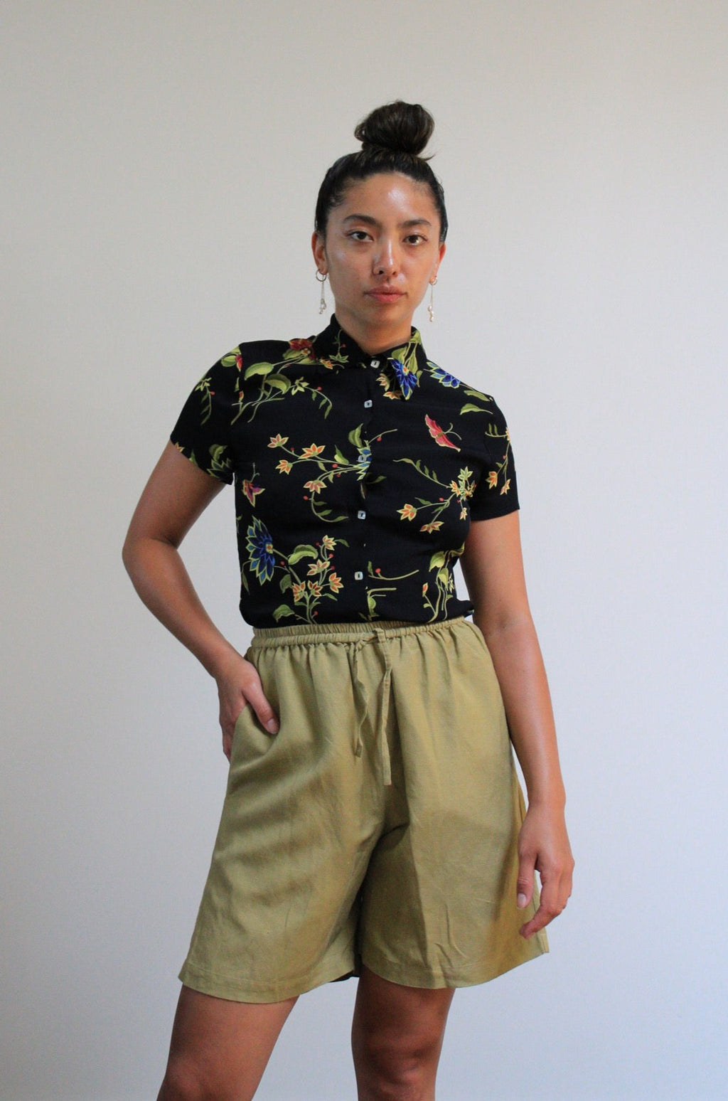 Black Floral Rayon Button Down Top