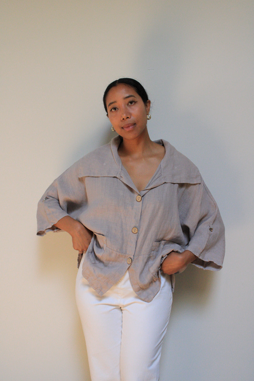 Linen Shawl Collar Chore Top