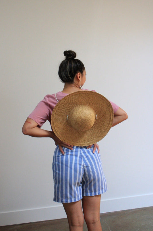 Blue & White Striped Denim Pleated Shorts