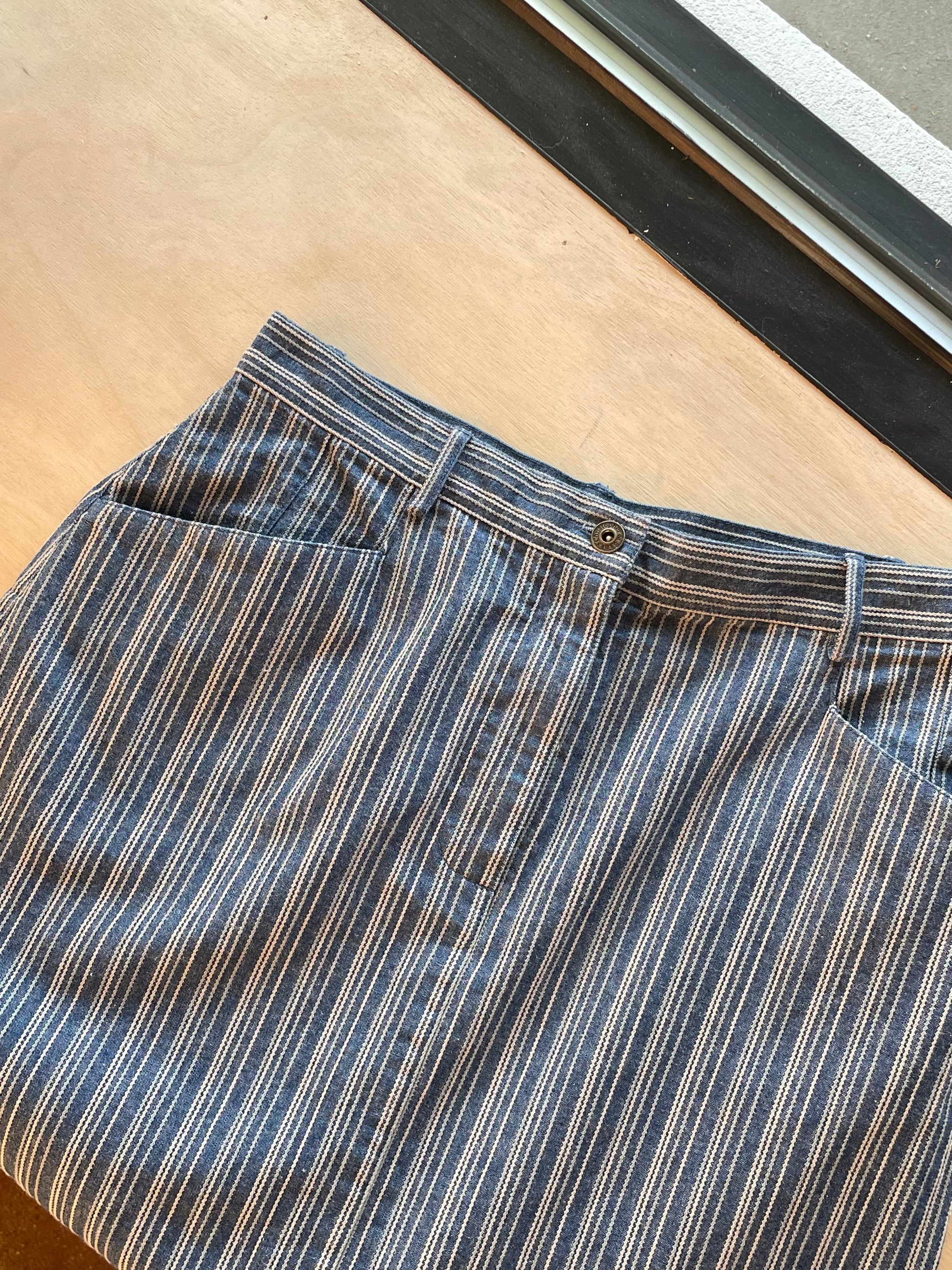 Embroidered Pinstripe Denim Midi Skirt