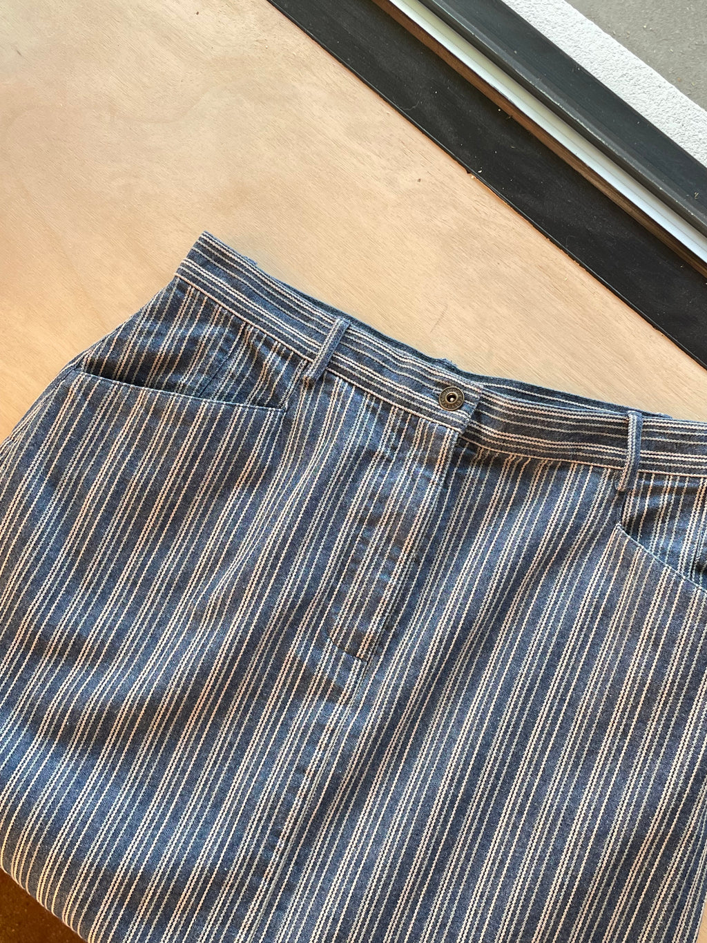 Embroidered Pinstripe Denim Midi Skirt