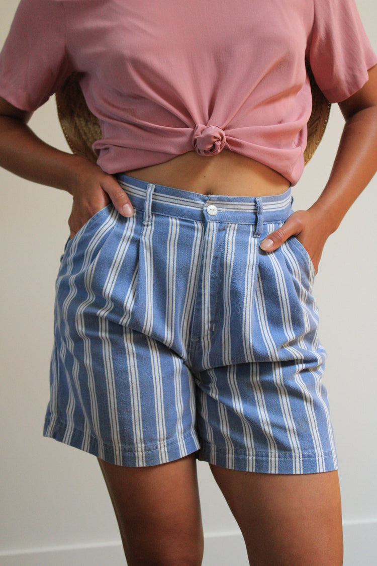 Blue & White Striped Denim Pleated Shorts