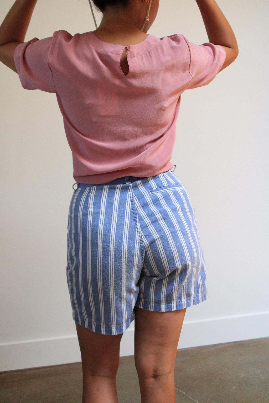 Blue & White Striped Denim Pleated Shorts