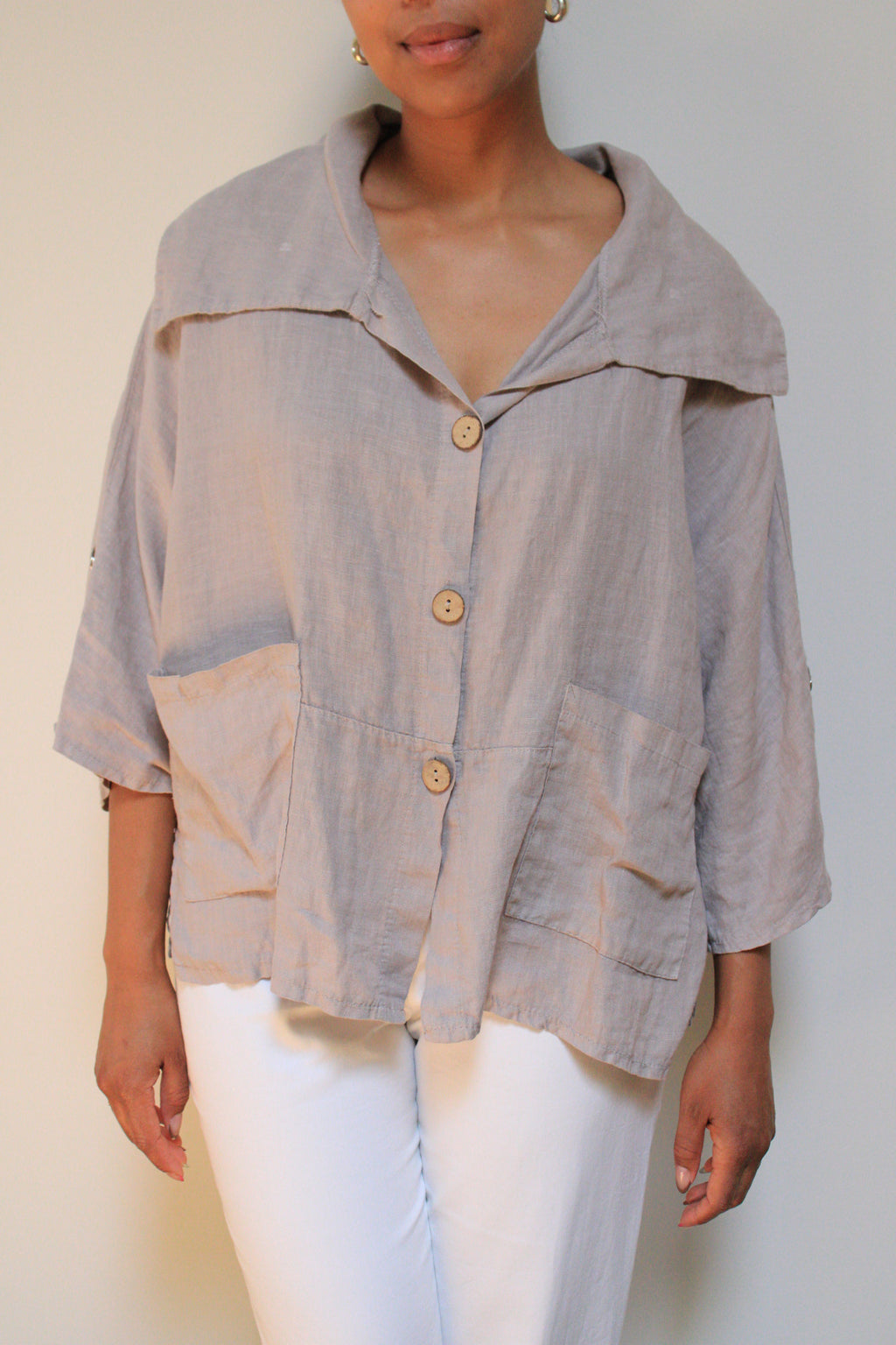 Linen Shawl Collar Chore Top