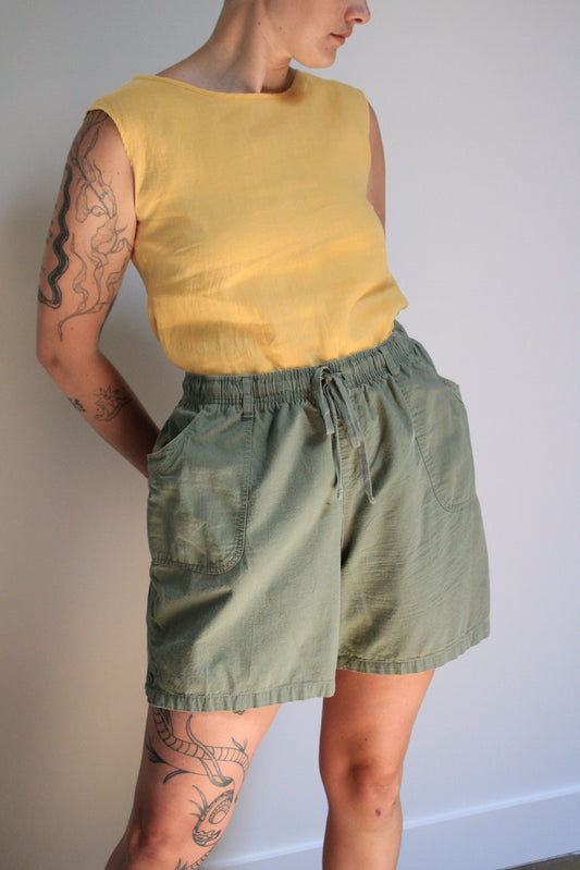 High Rise Olive Cotton Drawstring Shorts