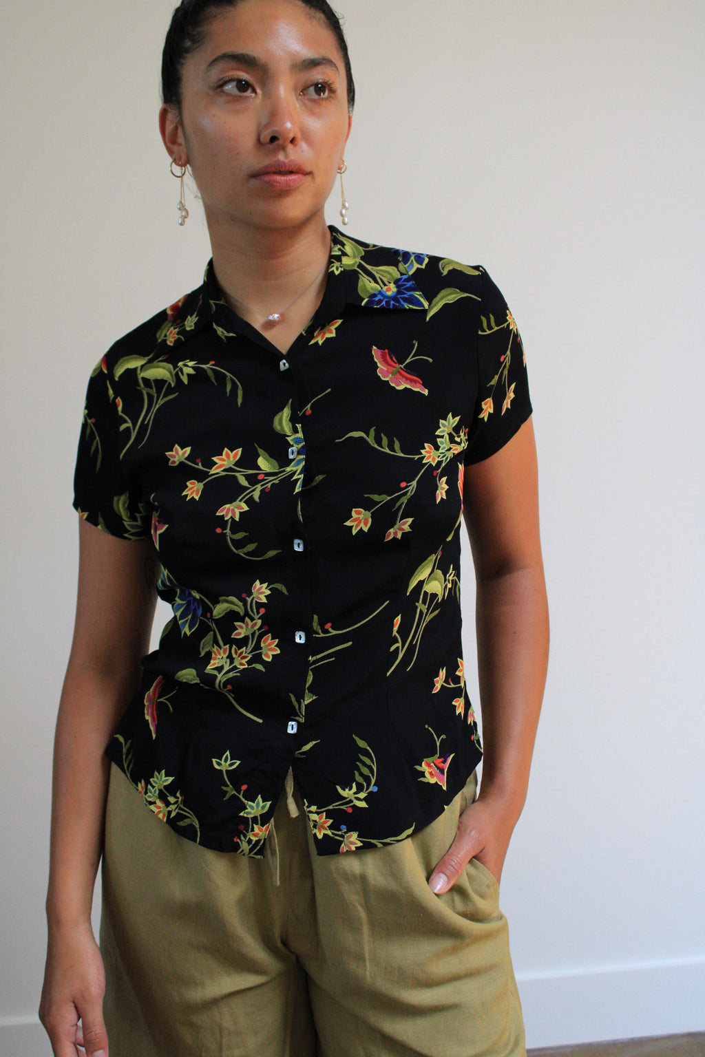 Black Floral Rayon Button Down Top