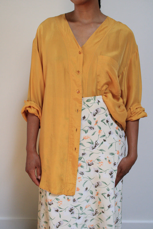 Golden Silk Collarless Button Down Blouse