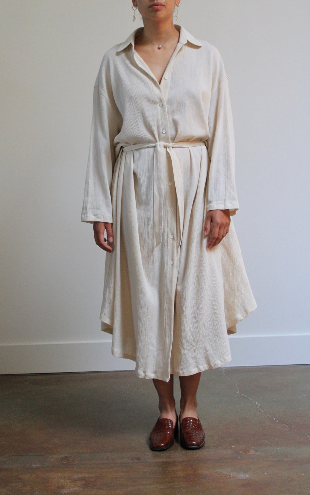 Sunja Link Cotton Crinkle Belted Shirt Dress