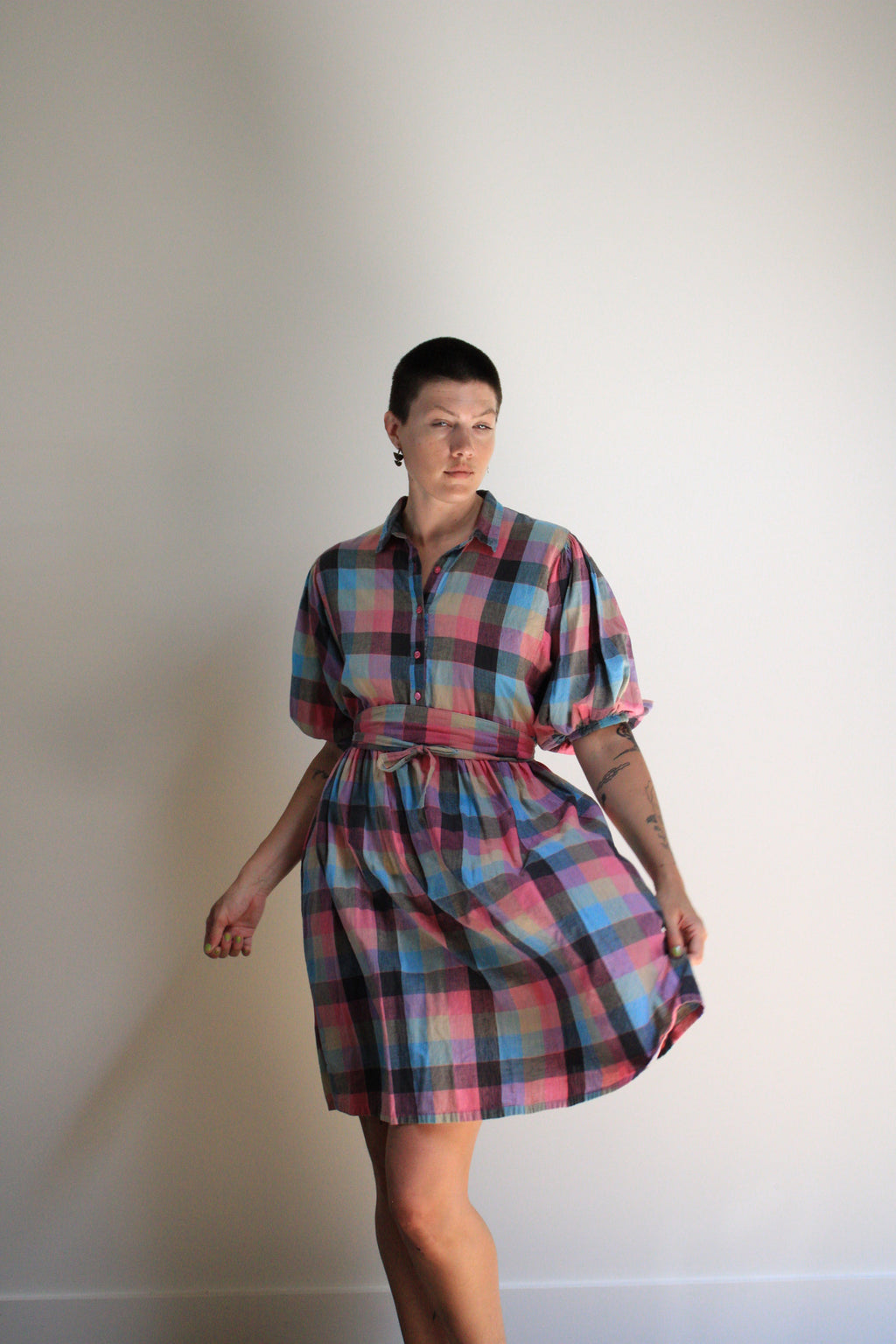 Plaid Puff Sleeve Midi Dress
