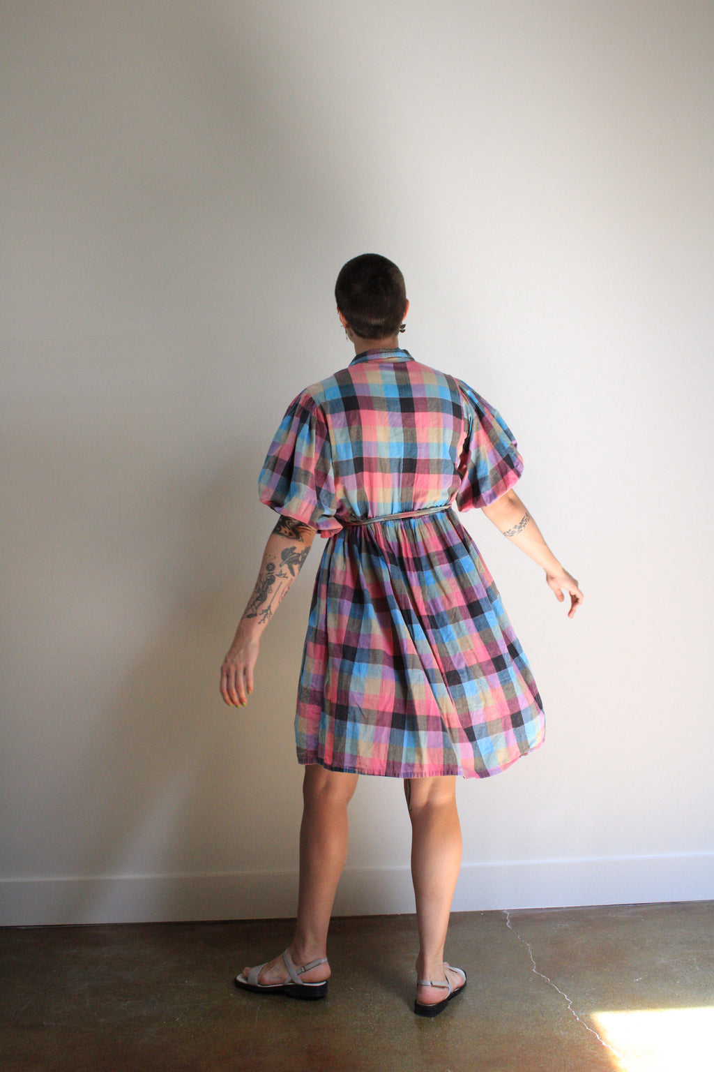 Plaid Puff Sleeve Midi Dress